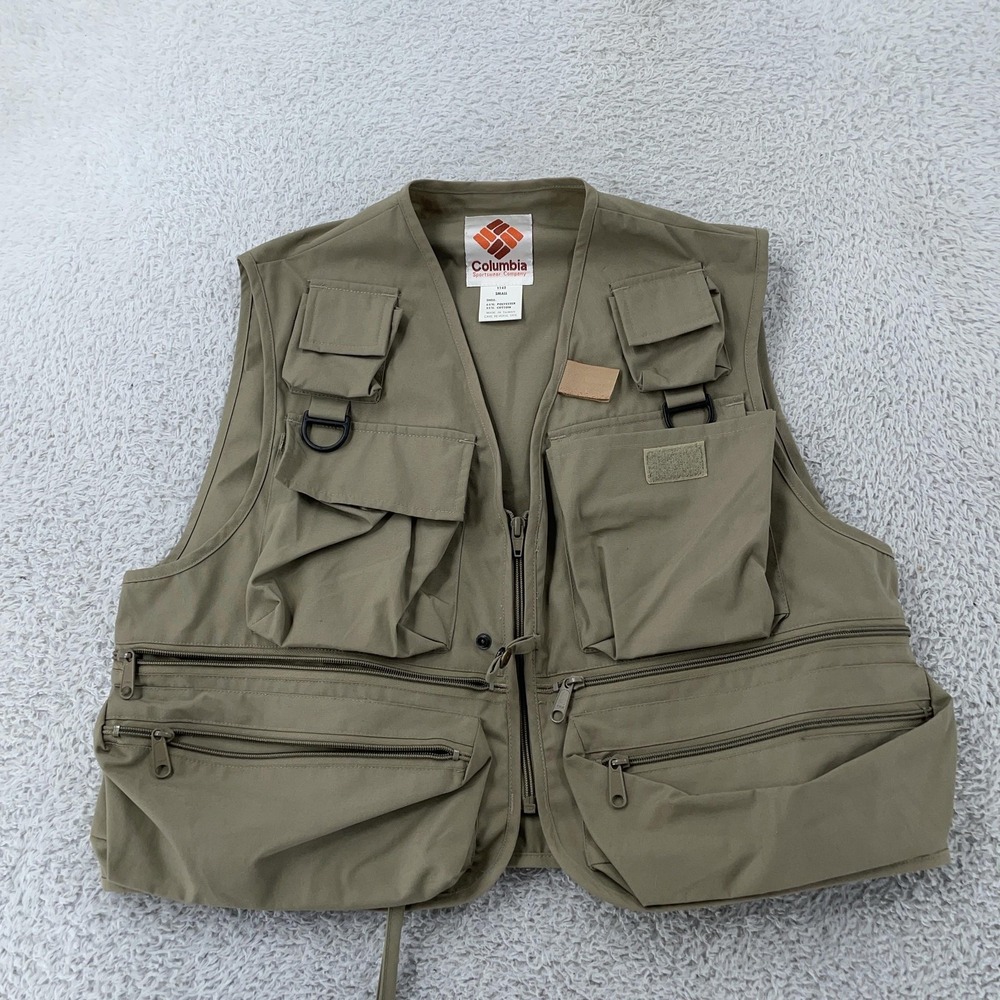 Vintage Columbia Vest Mens Small Utility Fishing Multi‎ Pocket Cargo Tan 1142